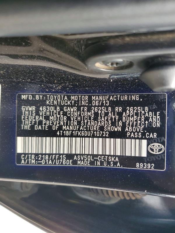 62920976 :رقم المزاد ، 4T1BF1FK6DU710732 vin ، 2013 Toyota Camry مزاد بيع