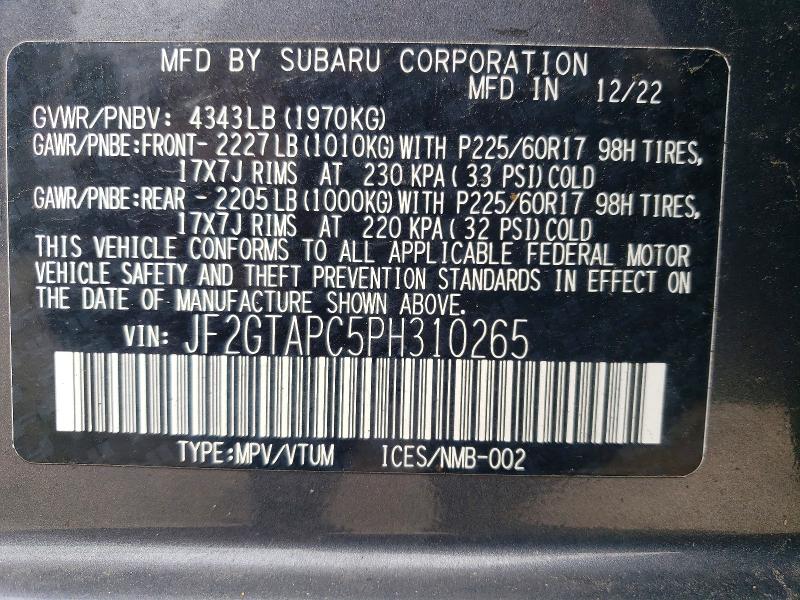 Aukcja sprzedaży 2023 Subaru Crosstrek, vin: JF2GTAPC5PH310265, numer aukcji: 64886376