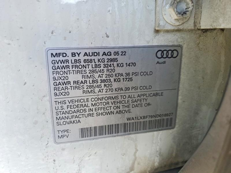2022 Audi Q7 მანქანა იყიდება აუქციონზე, vin: WA1LXBF79ND016927, აუქციონის ნომერი: 64045496