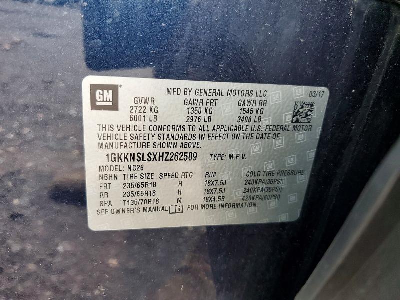 2017 Gmc Acadia მანქანა იყიდება აუქციონზე, vin: 1GKKNSLSXHZ262509, აუქციონის ნომერი: 64729306