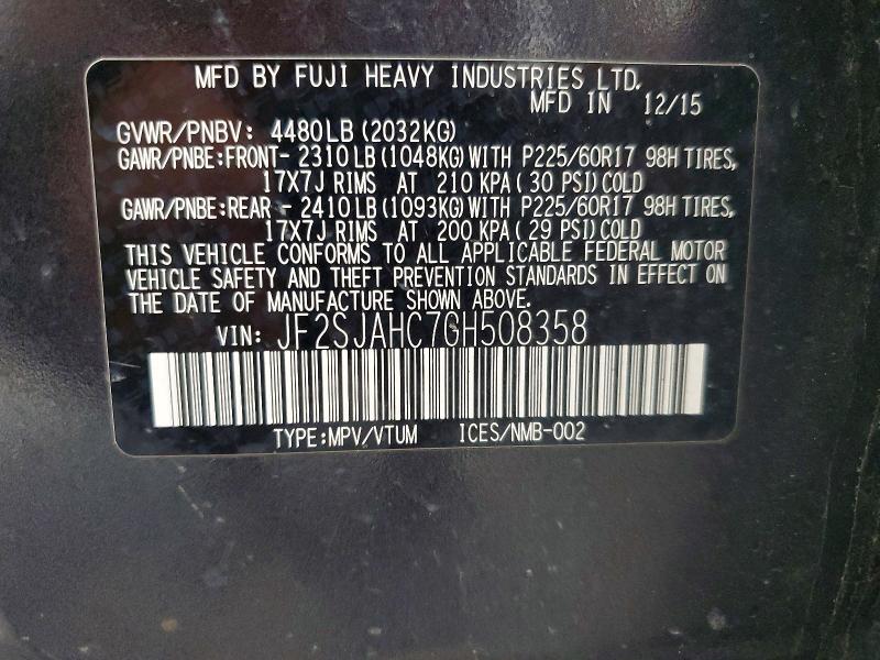 Aukcja sprzedaży 2016 Subaru Forester, vin: JF2SJAHC7GH508358, numer aukcji: 60527916