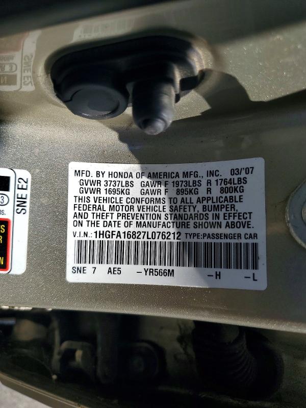 66135766 :رقم المزاد ، 1HGFA16827L076212 vin ، 2007 Honda Civic مزاد بيع