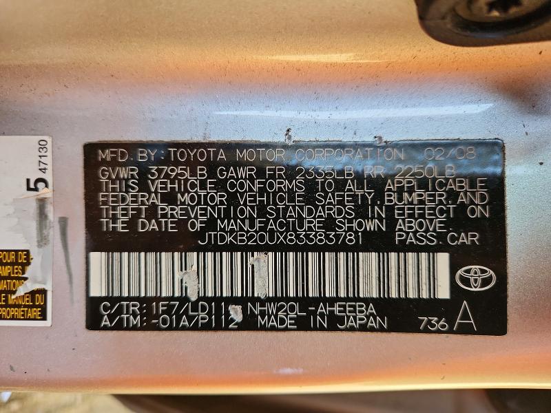 Aukcja sprzedaży 2008 Toyota Prius, vin: JTDKB20UX83383781, numer aukcji: 65110026