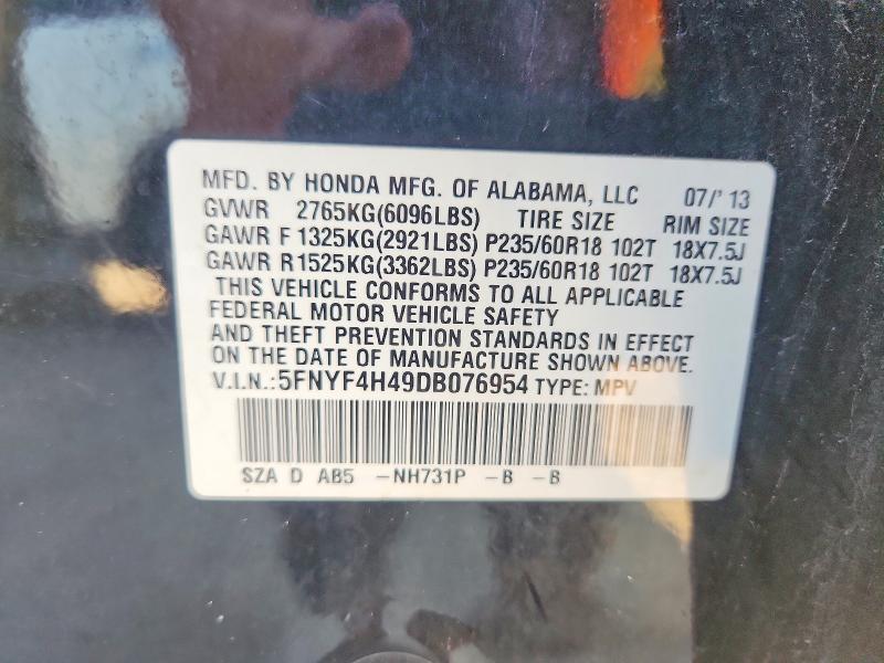63313816 :رقم المزاد ، 5FNYF4H49DB076954 vin ، 2013 Honda Pilot مزاد بيع