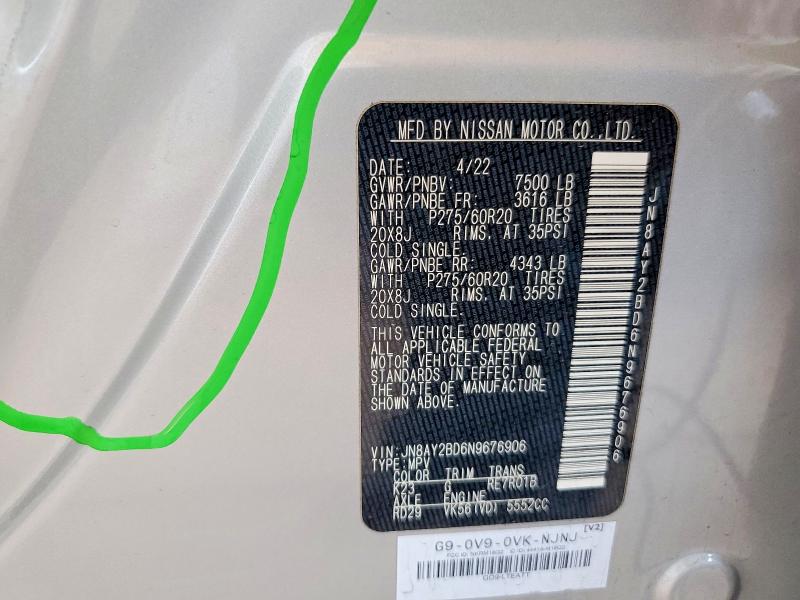 64455916 :رقم المزاد ، JN8AY2BD6N9676906 vin ، 2022 Nissan Armada مزاد بيع