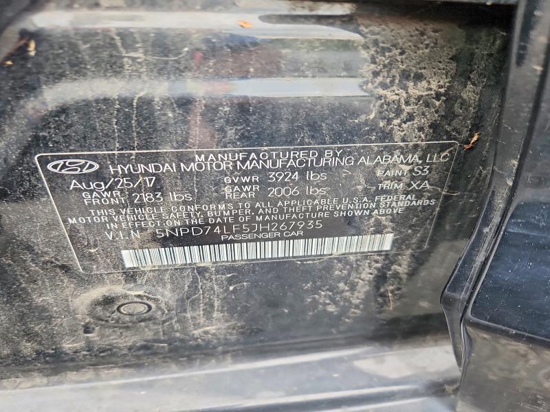 67108056 :رقم المزاد ، 5NPD74LF5JH267935 vin ، 2018 Hyundai Elantra مزاد بيع