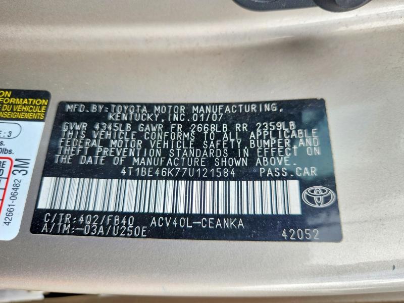 2007 Toyota Camry მანქანა იყიდება აუქციონზე, vin: 4T1BE46K77U121584, აუქციონის ნომერი: 64025156