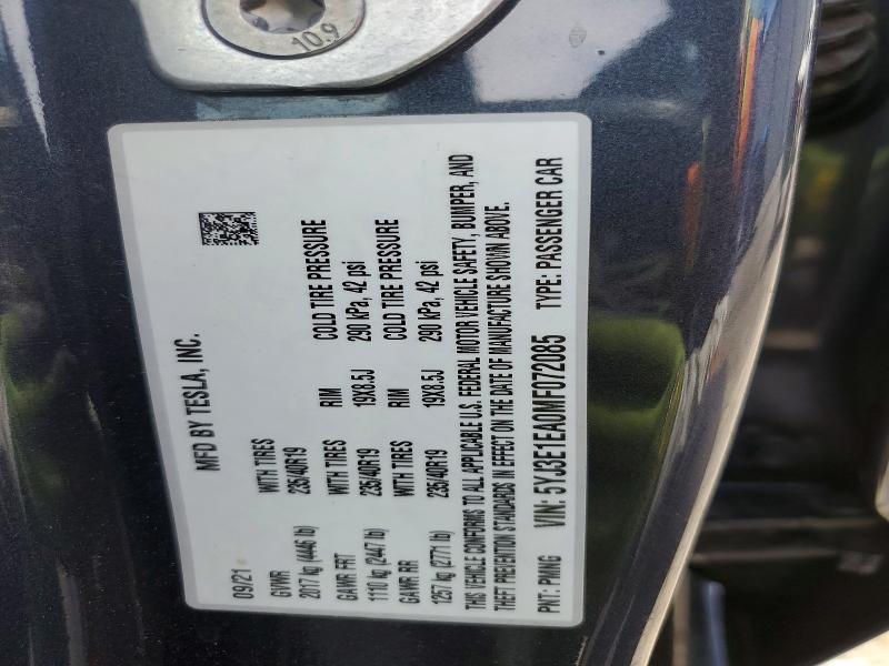 64963746 :رقم المزاد ، 5YJ3E1EA0MF072085 vin ، 2021 Tesla Model 3 مزاد بيع
