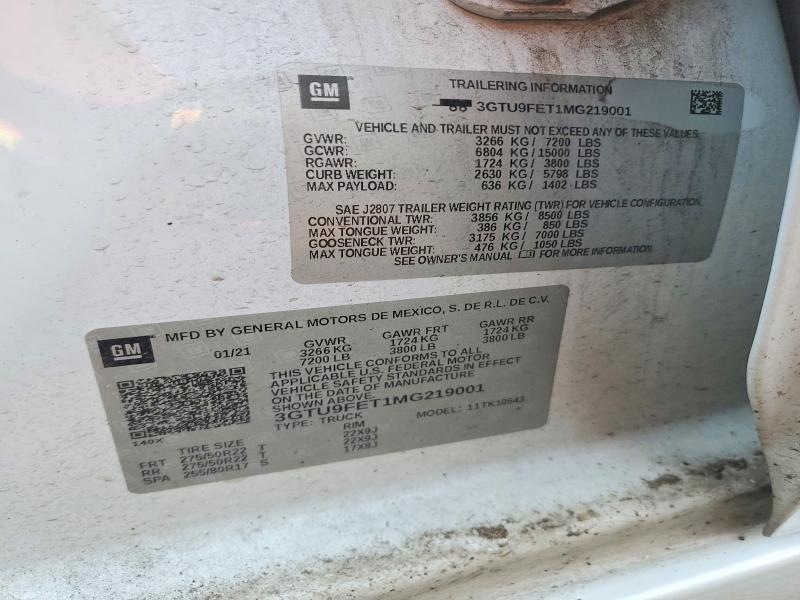 2021 Gmc Sierra მანქანა იყიდება აუქციონზე, vin: 3GTU9FET1MG219001, აუქციონის ნომერი: 64511686