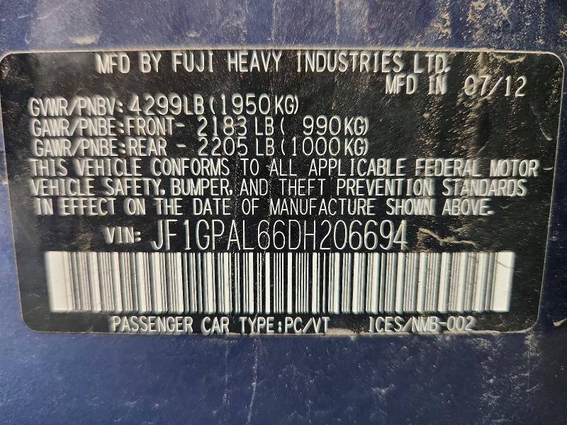 Aukcja sprzedaży 2013 Subaru Impreza, vin: JF1GPAL66DH206694, numer aukcji: 64652666