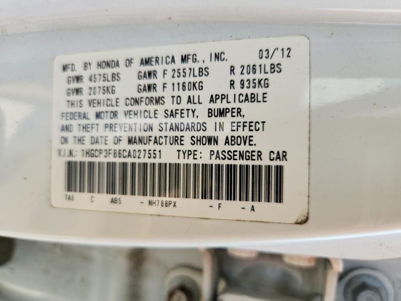 Aukcja sprzedaży 2012 Honda Accord, vin: 1HGCP3F86CA027551, numer aukcji: 64280826