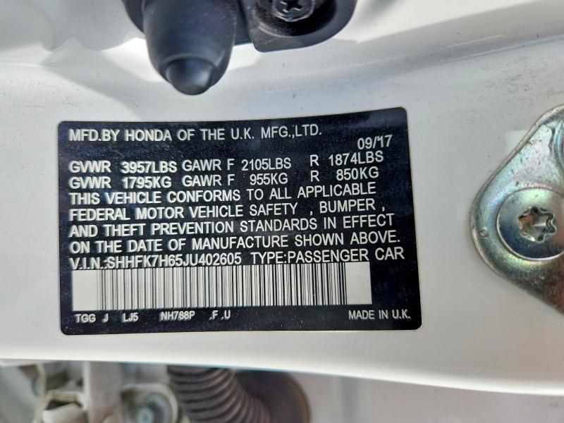 2018 Honda Civic მანქანა იყიდება აუქციონზე, vin: SHHFK7H65JU402605, აუქციონის ნომერი: 66392076