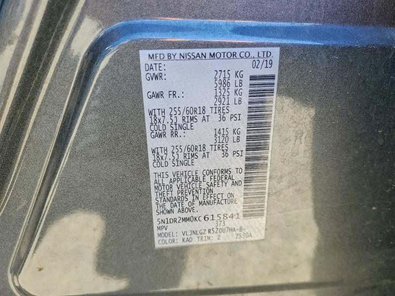 Aukcja sprzedaży 2019 Nissan Pathfinder, vin: 5N1DR2MM0KC615841, numer aukcji: 64161746