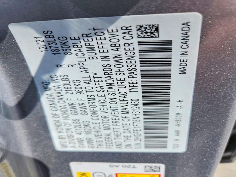 2022 Honda Civic მანქანა იყიდება აუქციონზე, vin: 2HGFE1F78NH312450, აუქციონის ნომერი: 65206756