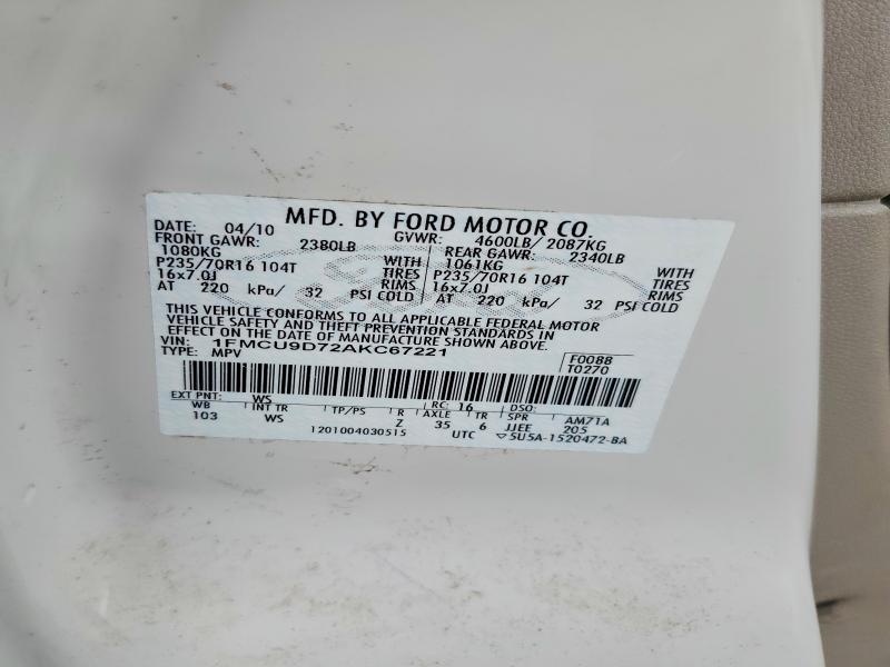 63757196 :رقم المزاد ، 1FMCU9D72AKC67221 vin ، 2010 Ford Escape مزاد بيع