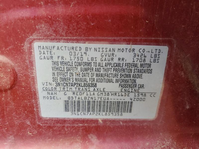 Auction sale of the 2019 Nissan Versa, vin: 3N1CN7AP2KL859358, lot number: 65266196