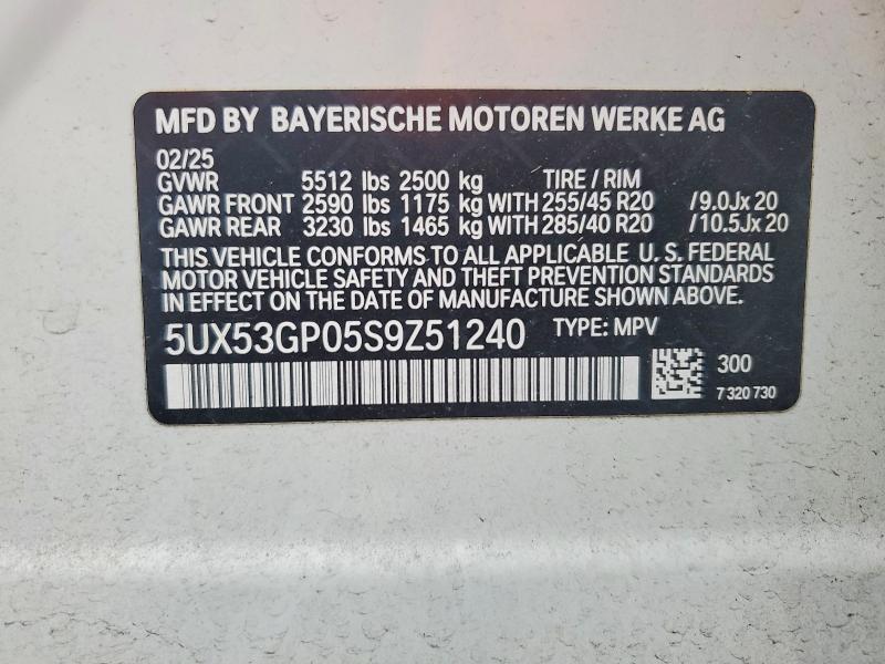 63859036 :رقم المزاد ، 5UX53GP05S9Z51240 vin ، 2025 Bmw X3 مزاد بيع
