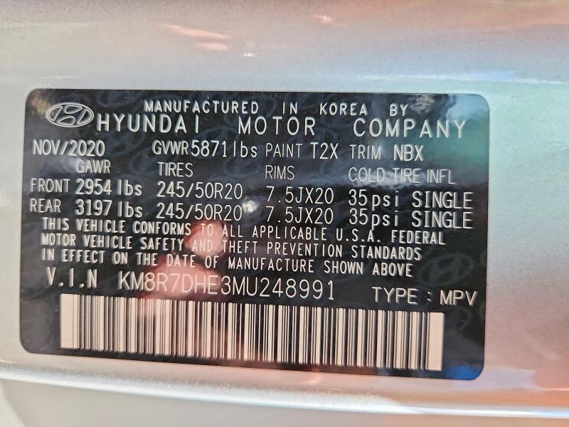 2021 Hyundai Palisade მანქანა იყიდება აუქციონზე, vin: KM8R7DHE3MU248991, აუქციონის ნომერი: 65212276