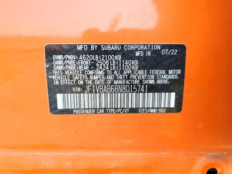 2022 Subaru Wrx მანქანა იყიდება აუქციონზე, vin: JF1VBAB68N8015741, აუქციონის ნომერი: 66414596