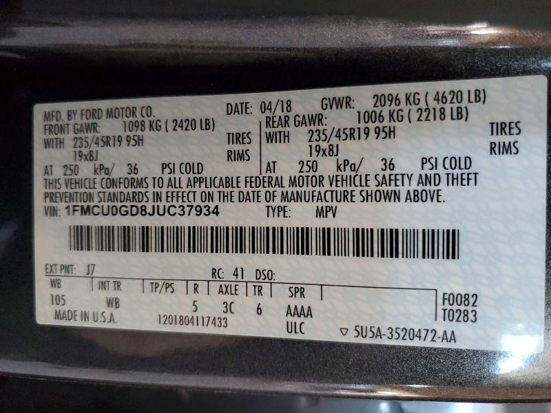 Aukcja sprzedaży 2018 Ford Escape, vin: 1FMCU0GD8JUC37934, numer aukcji: 65649006