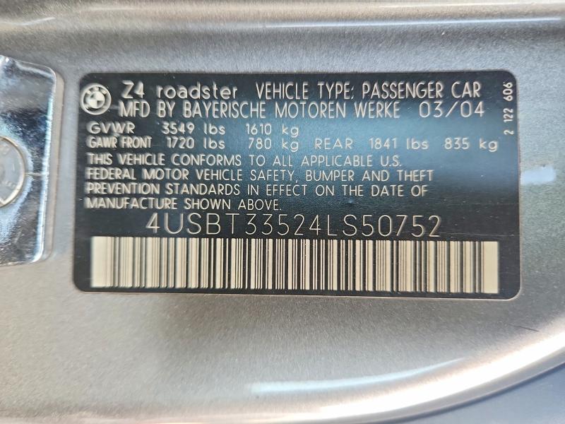 Aukcja sprzedaży 2004 Bmw Z4, vin: 4USBT33524LS50752, numer aukcji: 63421756