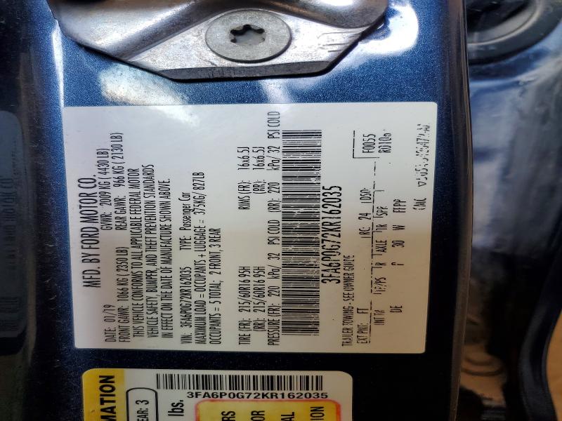 64561016 :رقم المزاد ، 3FA6P0G72KR162035 vin ، 2019 Ford Fusion مزاد بيع