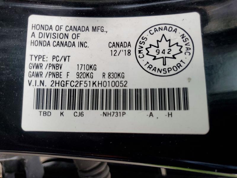 63534656 :رقم المزاد ، 2HGFC2F51KH010052 vin ، 2019 Honda Civic مزاد بيع