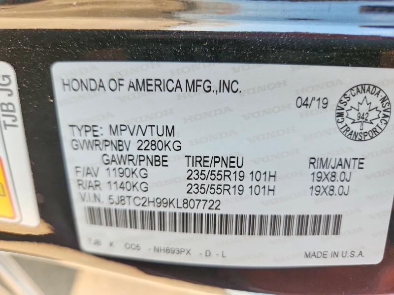 66639766 :رقم المزاد ، 5J8TC2H99KL807722 vin ، 2019 Acura Rdx مزاد بيع