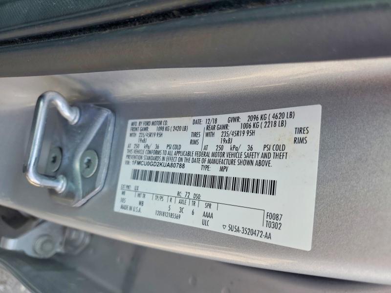63909236 :رقم المزاد ، 1FMCU0GD2KUA80788 vin ، 2019 Ford Escape مزاد بيع