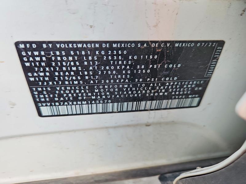 2022 Volkswagen Tiguan მანქანა იყიდება აუქციონზე, vin: 3VV1B7AX8NM143576, აუქციონის ნომერი: 66205456