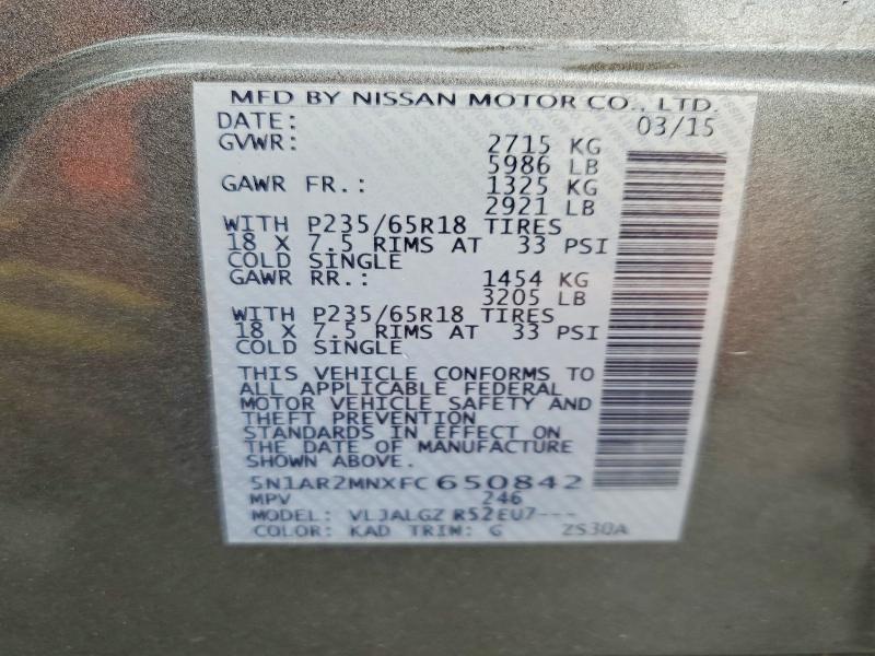 Продаж на аукціоні авто 2015 Nissan Pathfinder, vin: 5N1AR2MNXFC650842, номер лоту: 63567686