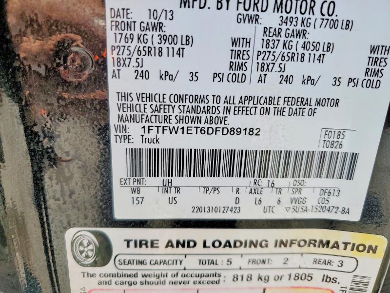 2013 Ford F150 მანქანა იყიდება აუქციონზე, vin: 1FTFW1ET6DFD89182, აუქციონის ნომერი: 65752696