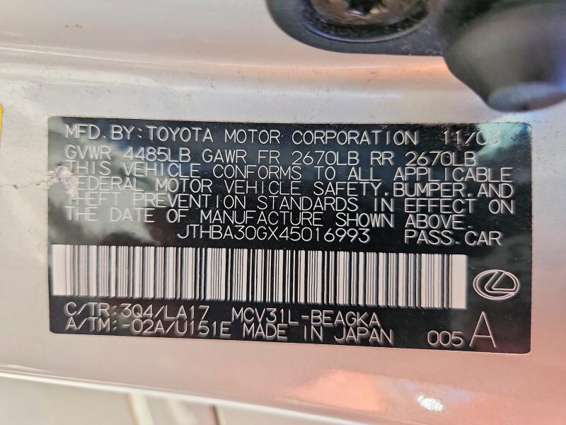 Aukcja sprzedaży 2004 Lexus Es, vin: JTHBA30GX45016993, numer aukcji: 65828286