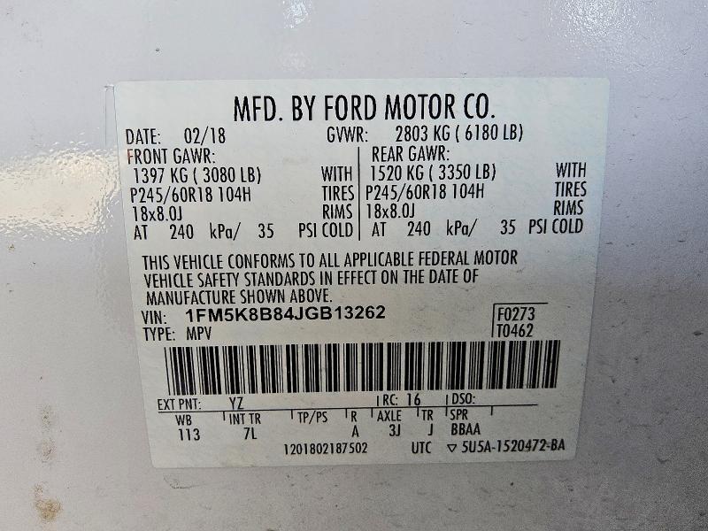 63882346 :رقم المزاد ، 1FM5K8B84JGB13262 vin ، 2018 Ford Explorer مزاد بيع