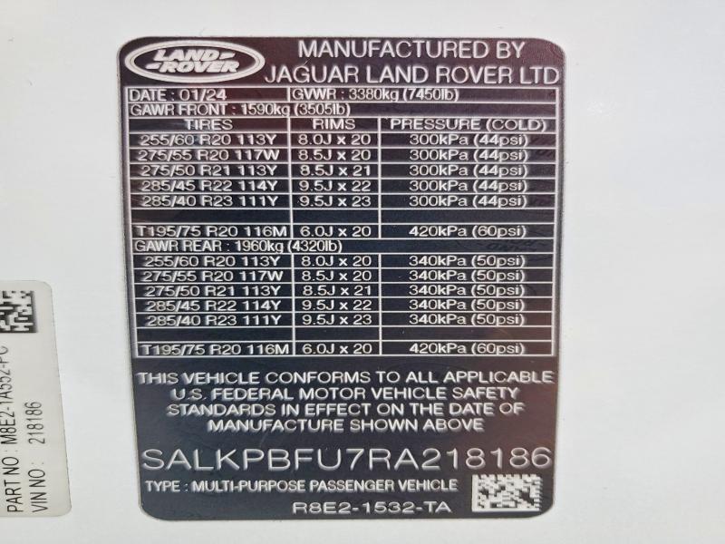 64478526 :رقم المزاد ، SALKPBFU7RA218186 vin ، 2024 Land Rover Range Rover مزاد بيع