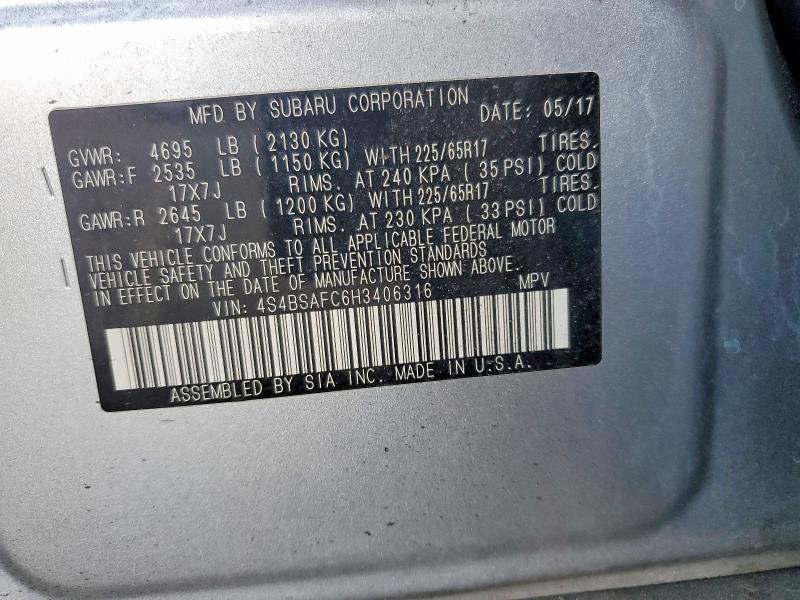 Продажа на аукционе авто 2017 Subaru Outback, vin: 4S4BSAFC6H3406316, номер лота: 64327206