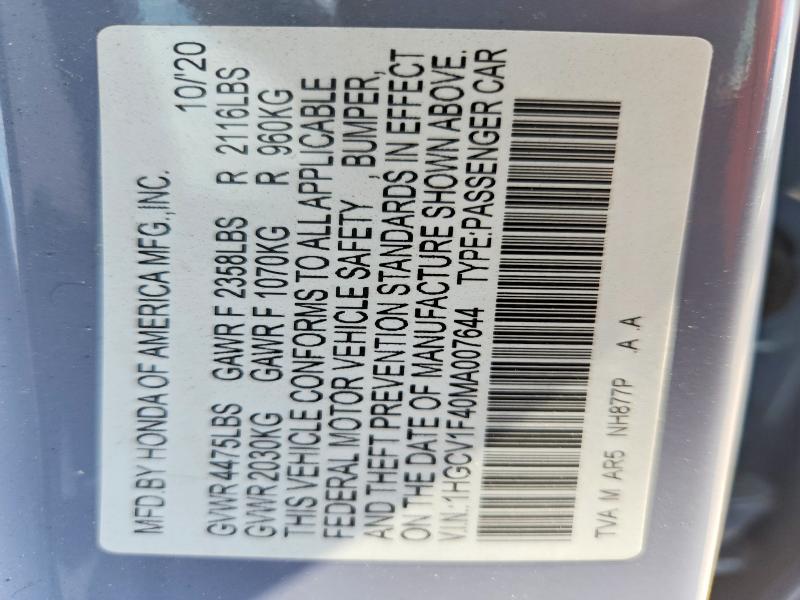 63377256 :رقم المزاد ، 1HGCV1F40MA007644 vin ، 2021 Honda Accord مزاد بيع