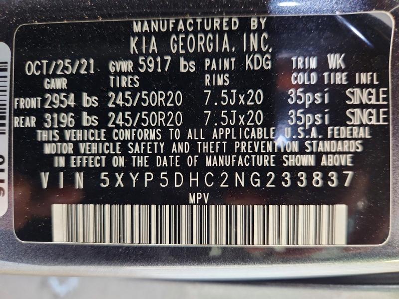 63879636 :رقم المزاد ، 5XYP5DHC2NG233837 vin ، 2022 Kia Telluride مزاد بيع