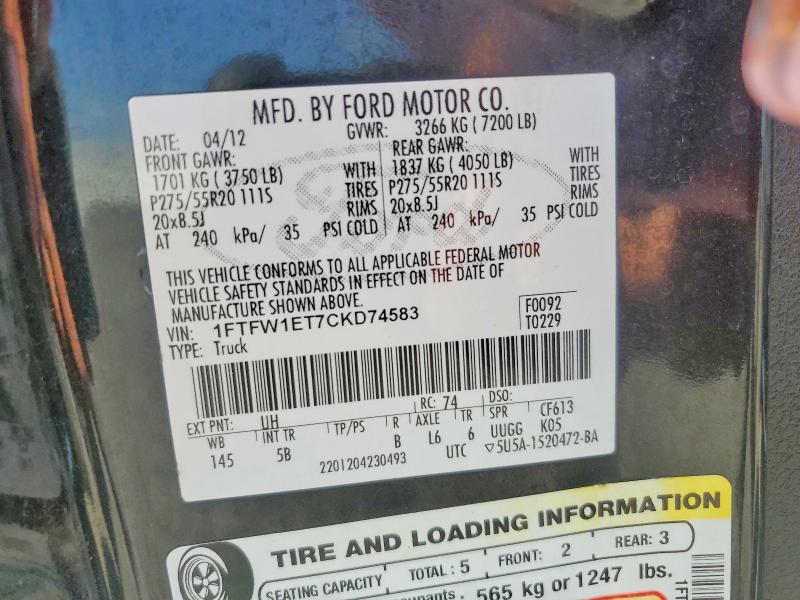 66174876 :رقم المزاد ، 1FTFW1ET7CKD74583 vin ، 2012 Ford F150 مزاد بيع
