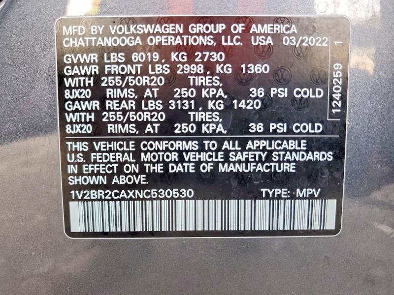 Aukcja sprzedaży 2022 Volkswagen Atlas, vin: 1V2BR2CAXNC530530, numer aukcji: 64437096