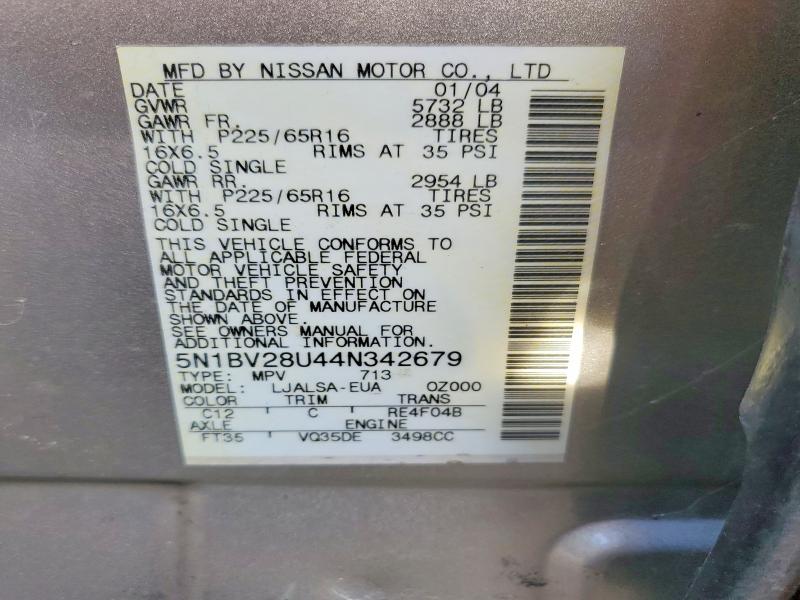 Продажа на аукционе авто 2004 Nissan Quest, vin: 5N1BV28U44N342679, номер лота: 61751826