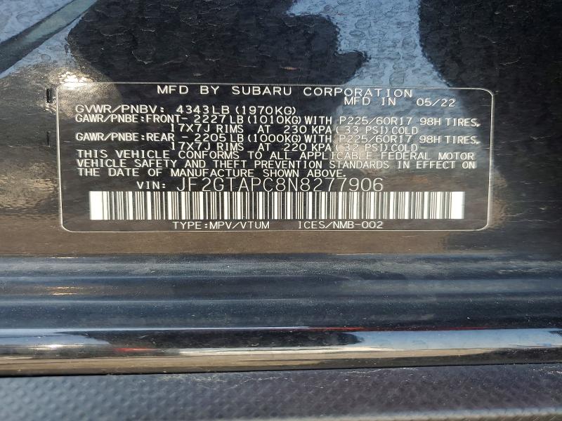66032736 :رقم المزاد ، JF2GTAPC8N8277906 vin ، 2022 Subaru Crosstrek مزاد بيع