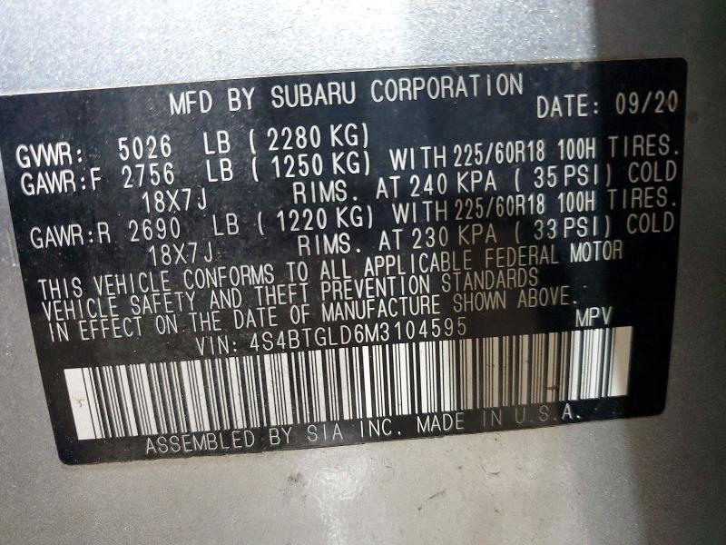 64847986 :رقم المزاد ، 4S4BTGLD6M3104595 vin ، 2021 Subaru Outback مزاد بيع