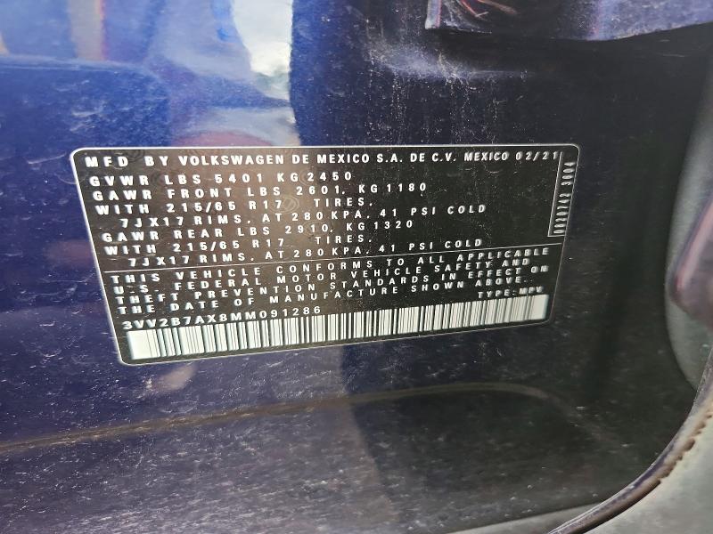 2021 Volkswagen Tiguan მანქანა იყიდება აუქციონზე, vin: 3VV2B7AX8MM091286, აუქციონის ნომერი: 66493986