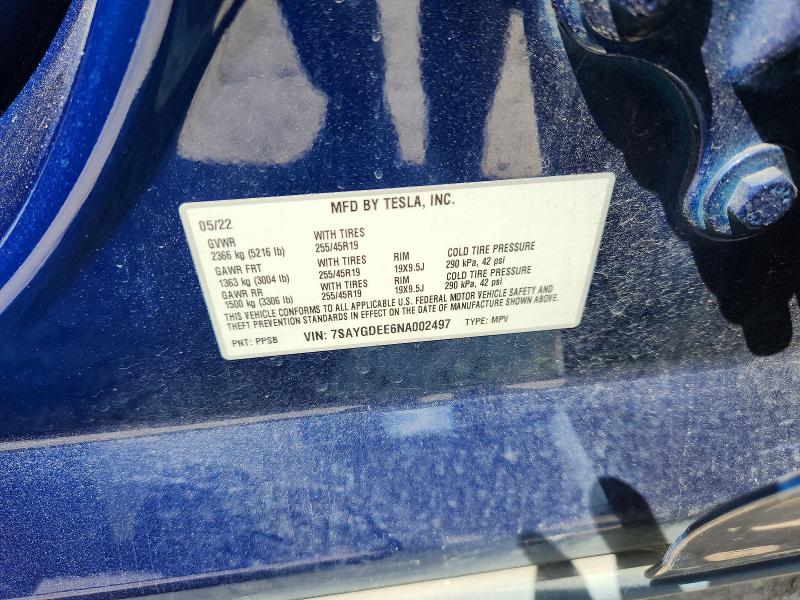2022 Tesla Model Y მანქანა იყიდება აუქციონზე, vin: 7SAYGDEE6NA002497, აუქციონის ნომერი: 63688986