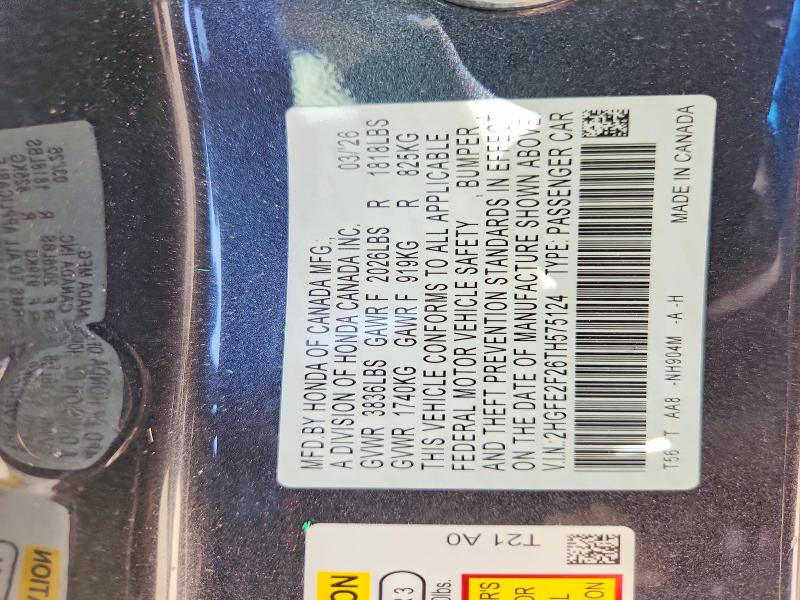 Aukcja sprzedaży 2026 Honda Civic, vin: 2HGFE2F26TH575124, numer aukcji: 65709326
