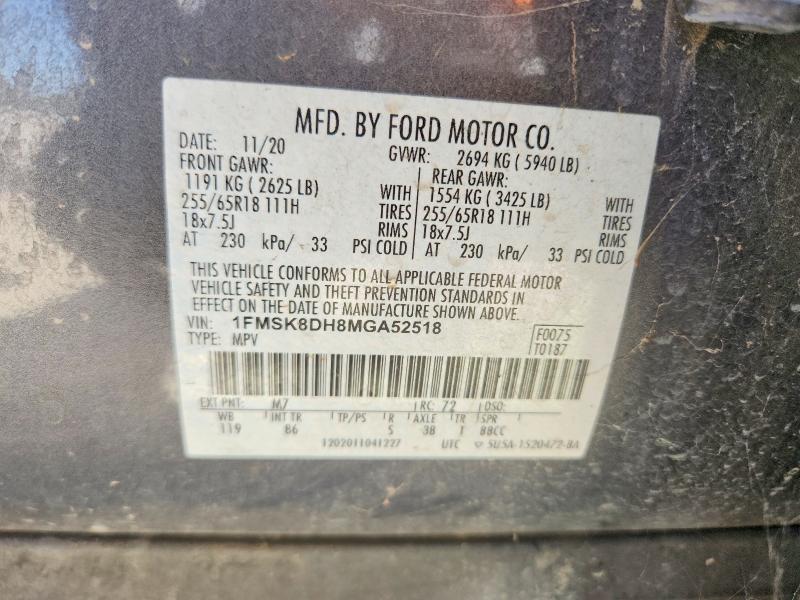 2021 Ford Explorer მანქანა იყიდება აუქციონზე, vin: 1FMSK8DH8MGA52518, აუქციონის ნომერი: 62725806