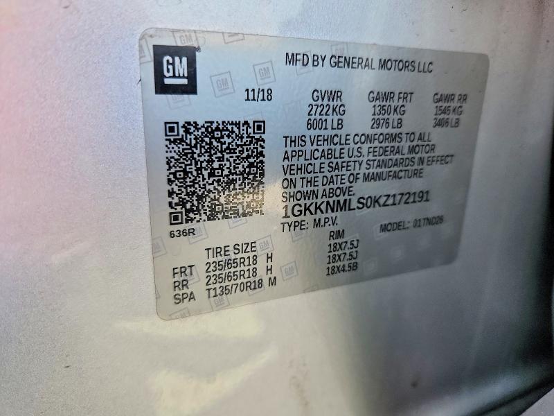 Aukcja sprzedaży 2019 Gmc Acadia, vin: 1GKKNMLS0KZ172191, numer aukcji: 64224136