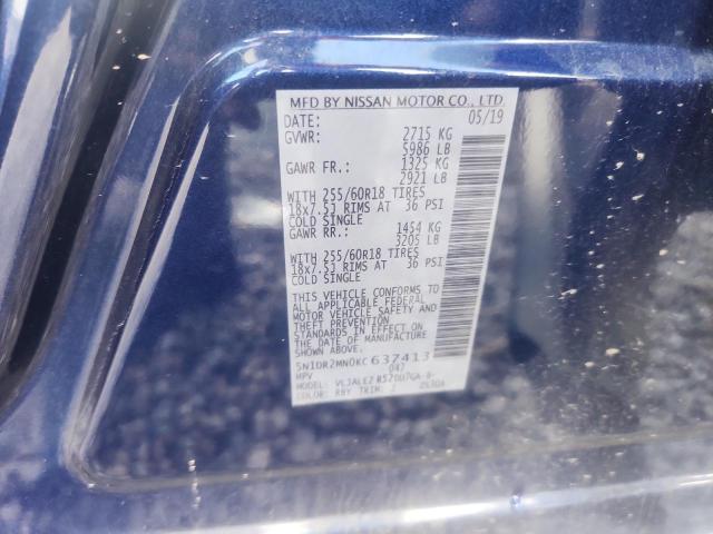 63686316 :رقم المزاد ، 5N1DR2MN0KC637413 vin ، 2019 Nissan Pathfinder مزاد بيع