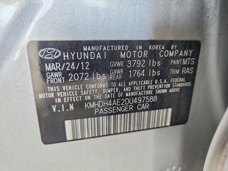 2013 Hyundai Elantra მანქანა იყიდება აუქციონზე, vin: KMHDH4AE2DU497588, აუქციონის ნომერი: 64476176